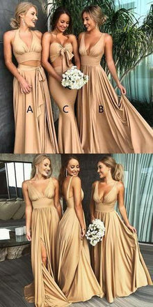 Mismatched Side Slit  Floor Length A Line Long Bridesmaid Dresses, MD486