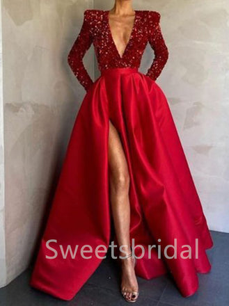 Elegant V-neck Long sleeves Side slit A-line Prom Dresses, SW1398