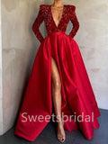 Elegant V-neck Long sleeves Side slit A-line Prom Dresses, SW1398