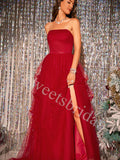 Red Elegant Strapless Sleeveless Side slit A-line Prom Dresses,SWW1746