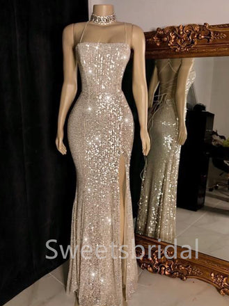 Elegant Square Spaghetti strap Side slit Mermaid Prom Dresses, SW1399
