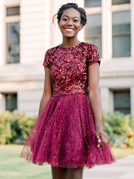 Simple Round Neck Sequin Tulle Mini Short Homecoming Dresses, BTW301