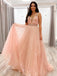 Simple V-neck Tulle A-line Long Prom Dresses.SW1174