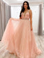 Simple V-neck Tulle A-line Long Prom Dresses.SW1174