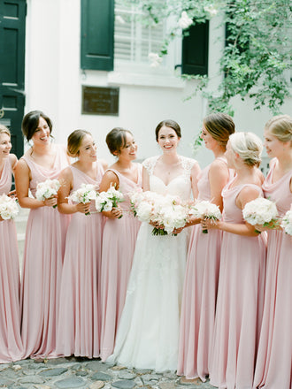 Charming V-neck Floor-length Chiffon Long Bridesmaid Dresses, SW1120