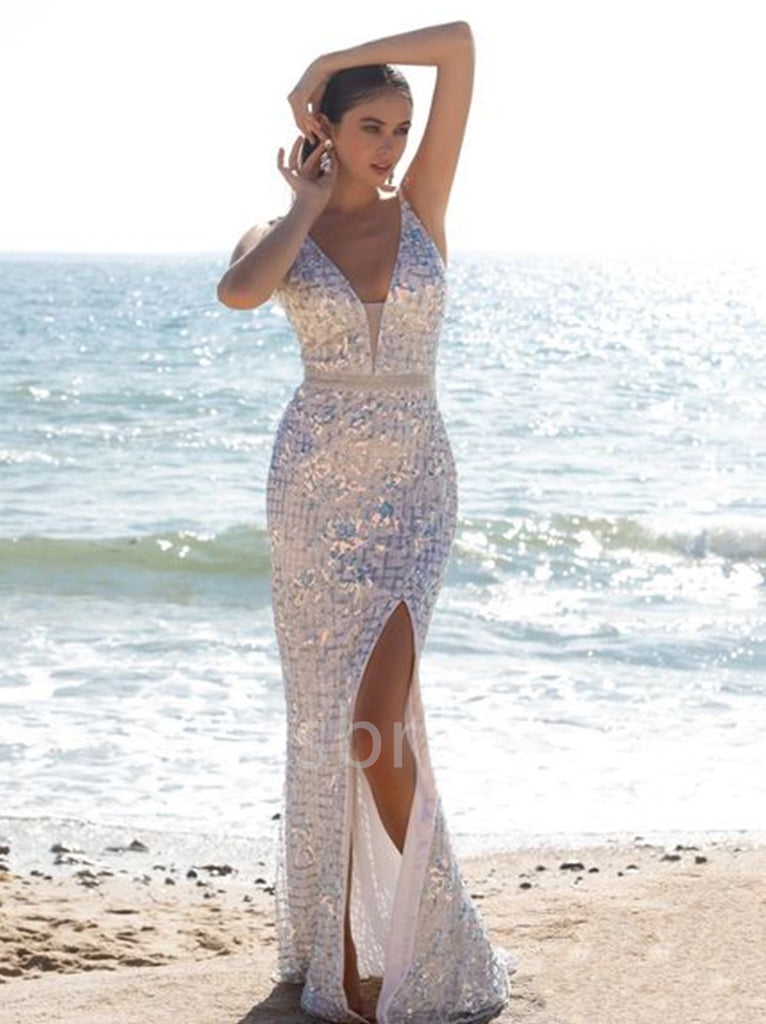 Sexy V-neck Side slit Mermaid Sequin Simple Prom Dresses ,SW1293