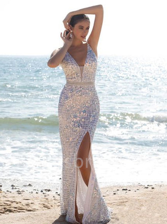 Sexy V-neck Side slit Mermaid Sequin Simple Prom Dresses ,SW1293