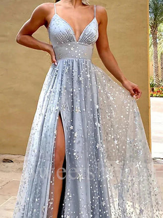 Sexy V-neck Sleeveless Side slit A-line Prom Dresses,SW1553