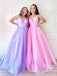 A-line V-neck Spaghetti Strap Tulle Long Prom Dresses.SW1184