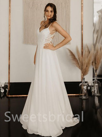 Simple V-neck Spaghetti straps Backless A-Line Lace Wedding Dresses,DB0184