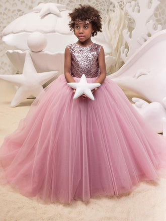 Lovely Round Neck Sleeveless A Line Tulle Sequin Flower Girl Dresses,GTE2134