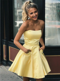 Cute Yellow Strapless Satin A Line Mini Short Homecoming Dresses, BTW188