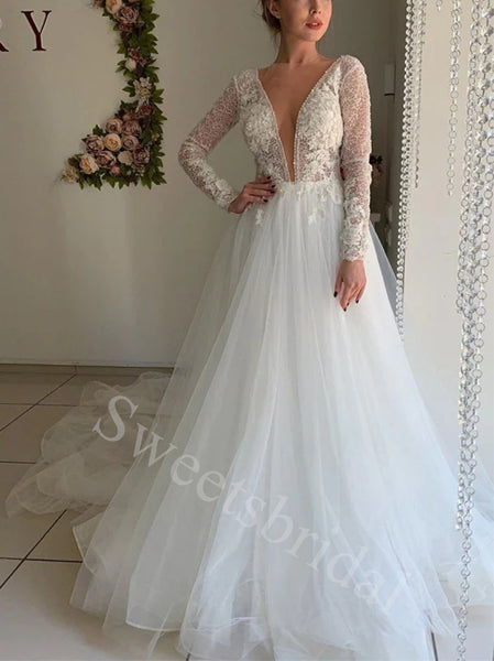 Sexy V-neck Long sleeves Mermaid Lace applique Wedding Dresses,DB0329