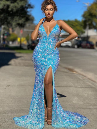Simple V-neck Mermaid Sequin Side Slit  Zipper Up Back Long Prom Dresses.SW1150