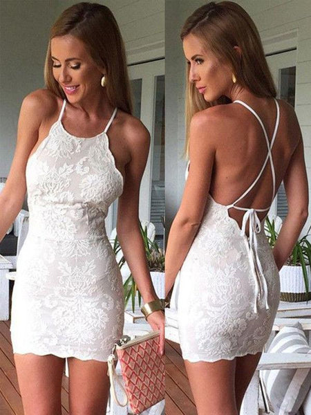 Mini White Lace Halter Lace Up Tight Short Homecoming Dress, BTW209