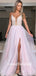 A-line V-neck Spaghetti Strap Tulle Side Slit Long Prom Dresses.SW1185