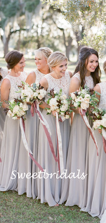 Charming Scoop Neck Sleeveless A-line Lace Chiffon Long Bridesmaid Dresses, SW1161