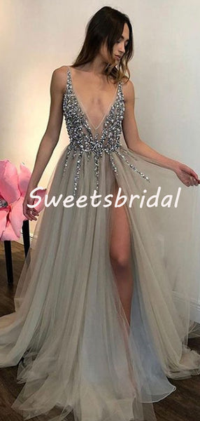 Sexy V-neck Simple Tulle A-line Long Evening Prom Dresses, PD0038