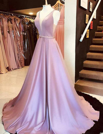 Simple A Line V Neck Sleeveless Open Back Long Prom Dresses ,MD344