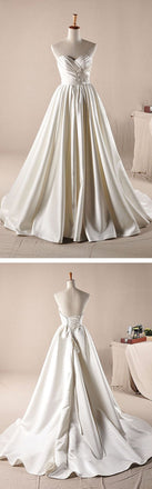 Vintage Simple Style Ivory Sweetheart Long A-line Strapless Pleats Lace Up Back Wedding Party Dresses, WD0064