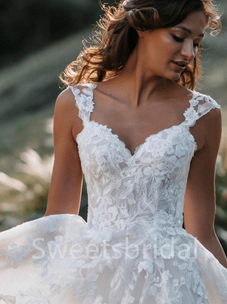 Elegant A-line Simple Wedding Dresses Deep V Neck Short Sleeve Lace  Applique New