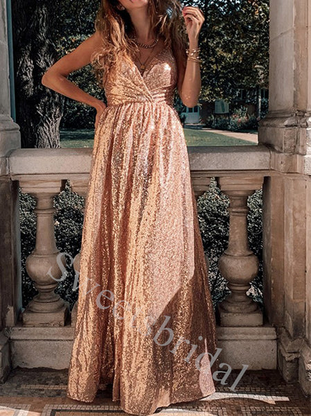 Elegant V-neck Sleeveless A-line Prom Dresses,SW1924