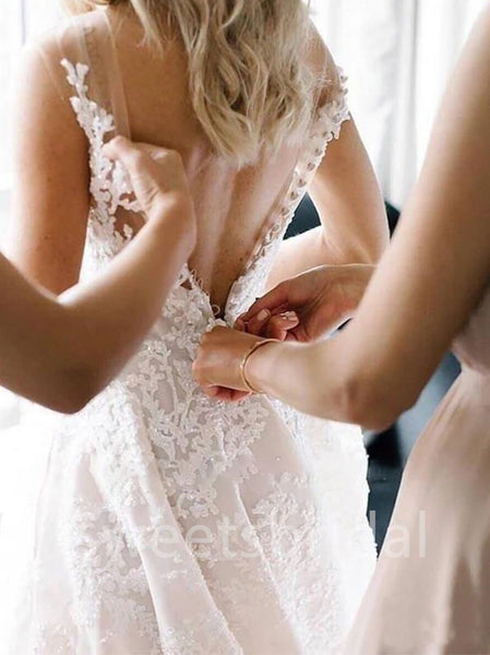 Sexy V-neck Spaghetti straps A-line Lace applique Wedding Dresses,DB0308