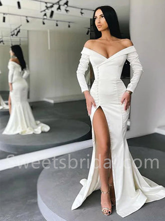 Sexy V-neck Long sleeves Side slit Mermaid Prom Dresses, SW1503