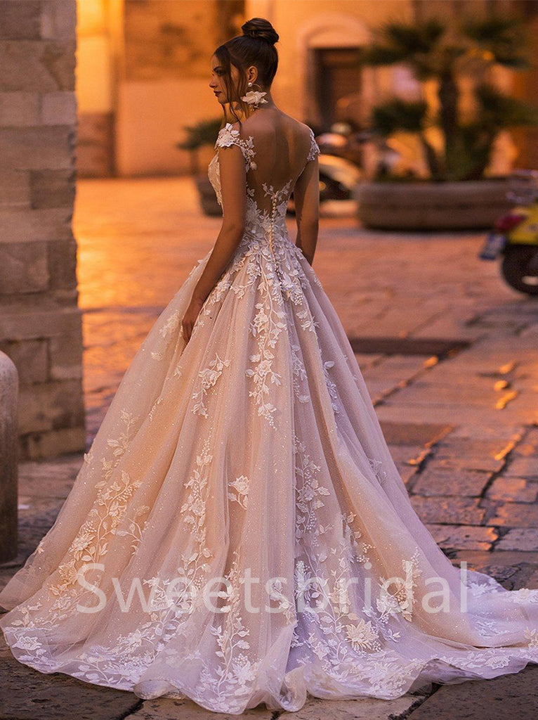 Elegant V-neck Off shoulder A-line Lace applique Wedding Dresses,DB0315