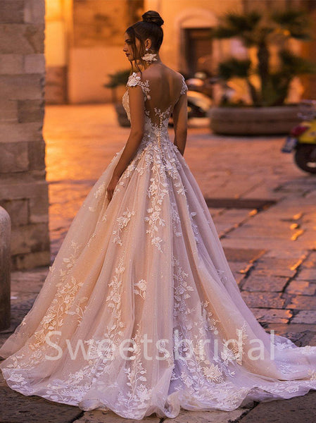 Elegant V-neck Off shoulder A-line Lace applique Wedding Dresses,DB0315