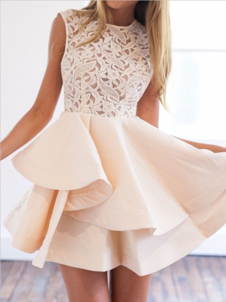 Elegant Round Neck Lace Top A Line With Ruffle Short Homecoming Dress, BTW200