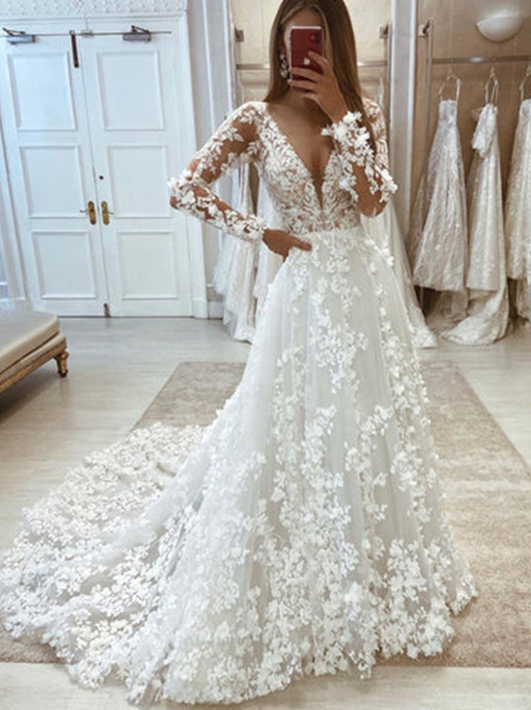 New Wedding Dresses V Neck Appliqued Long Sleeves Lace Bridal Gown