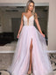 A-line V-neck Spaghetti Strap Tulle Side Slit Long Prom Dresses.SW1185