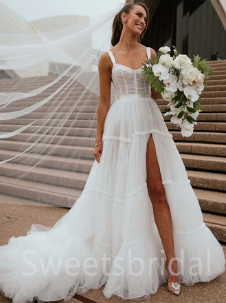 Simple Sweetheart Spaghetti straps Side slit A-Line Lace Wedding Dresses,DB0185