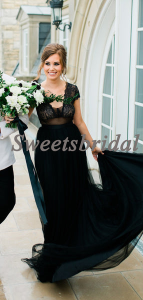 Pretty V-neck Vintage Lace Tulle Black Open Back Long Wedding Dresses Evening Dresses, WD1136