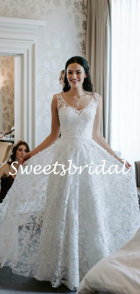 Charming V-neck Sweetheart A-line Tulle Lace  Sleeveless Long Wedding Dresses,WD1149