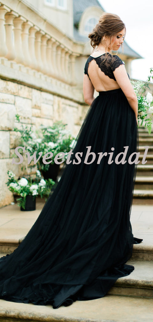 Pretty V-neck Vintage Lace Tulle Black Open Back Long Wedding Dresses Evening Dresses, WD1136
