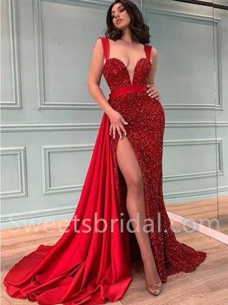 Sexy V-neck Sleeveless Side slit Mermaid Prom Dresses, SW1507