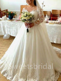 Elegant V-neck Long sleeves A-line Lace applique Wedding Dresses,DB0310
