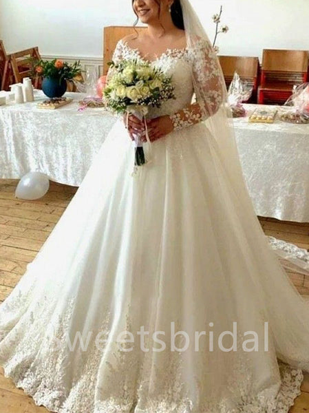 Elegant V-neck Long sleeves A-line Lace applique Wedding Dresses,DB0310