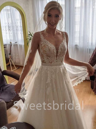 Sexy V-neck Spaghetti straps A-line Lace applique Wedding Dresses,DB0312