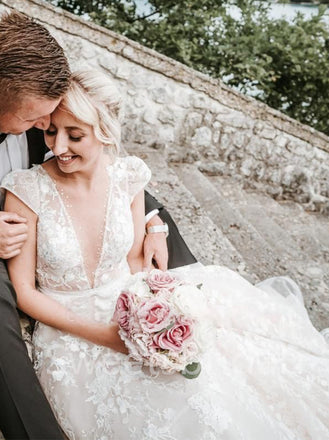 Sexy V-neck Cap-sleeves A-line Lace applique Wedding Dresses,DB0314