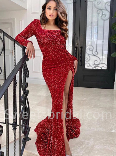 Elegant One shoulder Side slit Mermaid Prom Dresses, SW1528