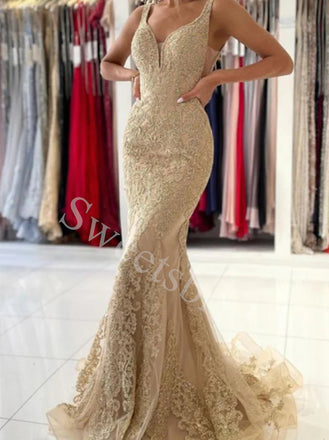 Sexy V-neck Sleeveles Lace applique Mermaid Prom Dresses,SWW1782