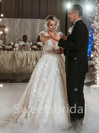 Sexy V-neck Cap-sleeves A-line Lace applique Wedding Dresses,DB0314