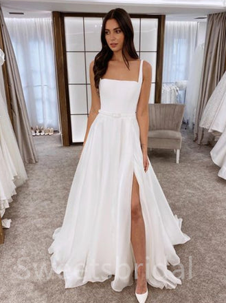 Simple Square neckline A-line Side slit Wedding Dresses,DB0197