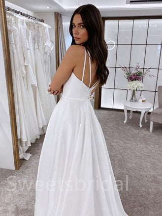 Simple Square neckline A-line Side slit Wedding Dresses,DB0197