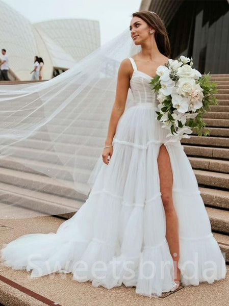 Simple Sweetheart Spaghetti straps Side slit A-Line Lace Wedding Dresses,DB0185