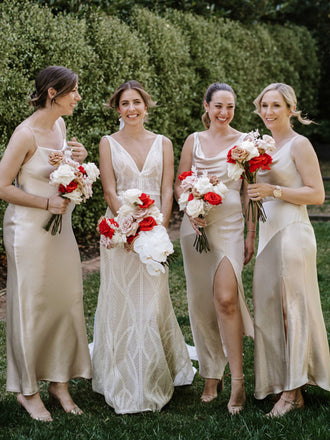 Elegant V-neck Side Slit Long Bridesmaid Dresses Online, SW1227