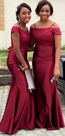 Simple Burgundy Off The Shoulder Mermaid Satin Long Bridesmaid Dresses,SW1018